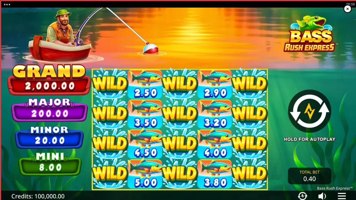 Tampilan layar permainan slot Bass Rush Express dengan tema memancing di danau