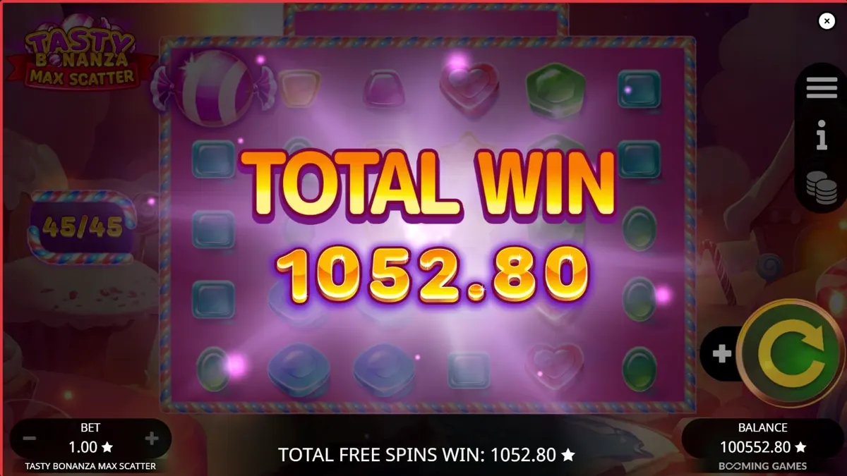 Tampilan visual cerah dan penuh warna dari slot Tasty Bonanza Max Scatter